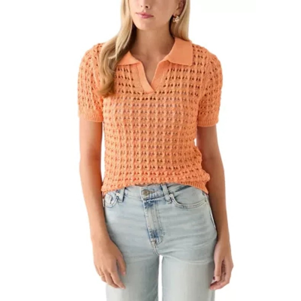 Oak & Trellis Coral Reef Open Knit Polo Sweater Top Short Sleeve XS